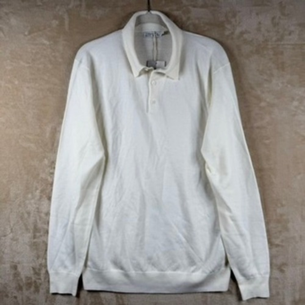 Collars & Co Mens L White Australian Merino Wool Long Sleeve Polo Sweater NWT